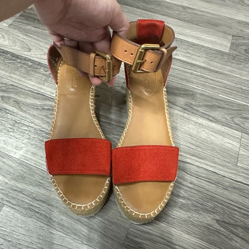 See by Chloe Glyn Mid Wedge Platform Espadrilles Suede Red 38